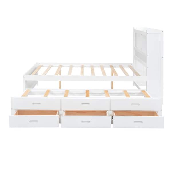 White Wood Frame Full Size Platform Bed with Twin Size Trundle, 3-Drawer, USB Charging Station and Storage Headboard