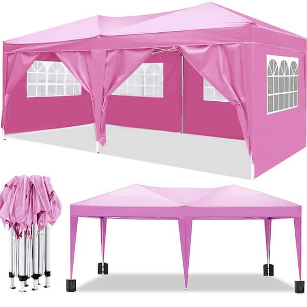 Otryad Outdoor 10 ft. x 20 ft. Pop Up Canopy Tent with with 6-Removable Sidewalls + Carry Bag + 4pcs Weight Bag-Pink
