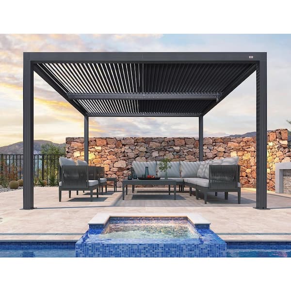 PURPLE LEAF 12 ft. x 12 ft. Gray Aluminum Frame Outdoor Louvered Pergola Hardtop Gazebo with Adjustable Roof for Sunshade Rainproof