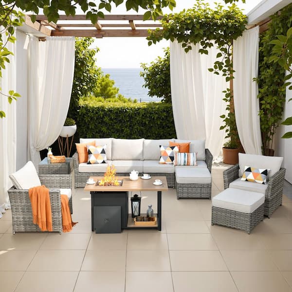 Toject Eufaula Gray 10-Piece Wicker Outdoor Patio Conversation Sofa Set with a Storage Fire Pit and Coarse Beige Cushions