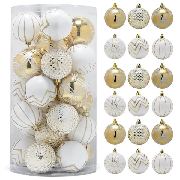 Christmas Decorative Ball Ornaments - White and Gold Ball Hanging Tree Ornament Set Assorted Designs (30-Piece Set)