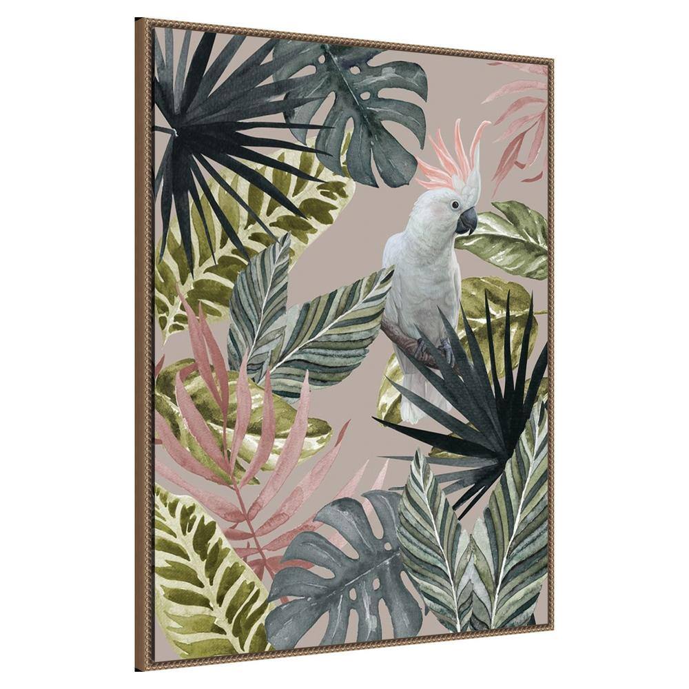 Tropical Cockatoo with Leaves Beaded Bronze Framed Canvas Wall Art 32 x 42