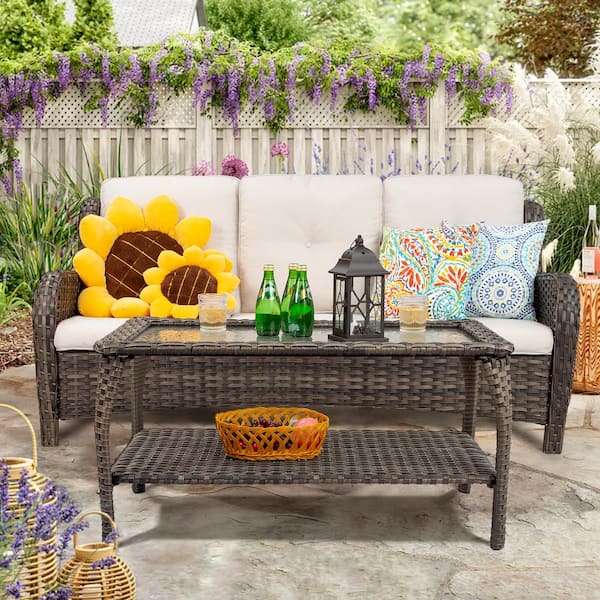 JOYSIDE Brown Wicker Outdoor Couch Sofa with Beige Cushions and Table