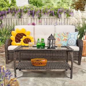 Wicker Outdoor Sofa Lounge Chair with Beige Cushion and Table