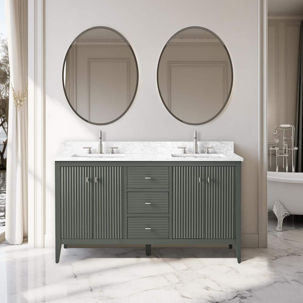 60 in. W x 22 in D x 38 in. H Double Sink Linear Vintage Green Bath Vanity Cabinet with White Engineered Marble Top price history on PriceWatchPro