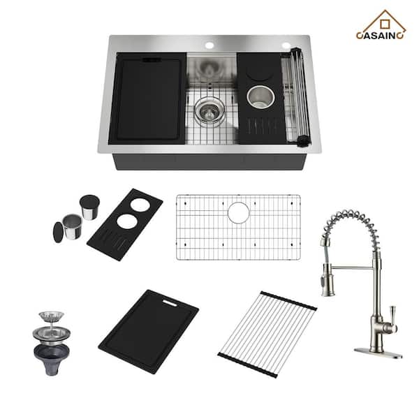 CASAINC Handmade 33 in. All-in-One Topmount Drop-in Single Bowl 18-Gauge Stainless Steel Kitchen Sink with Kitchen Faucet