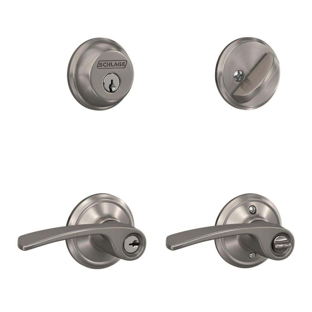 Merano Satin Nickel Single Cylinder Deadbolt and Keyed Entry Door Handle Combo Pack