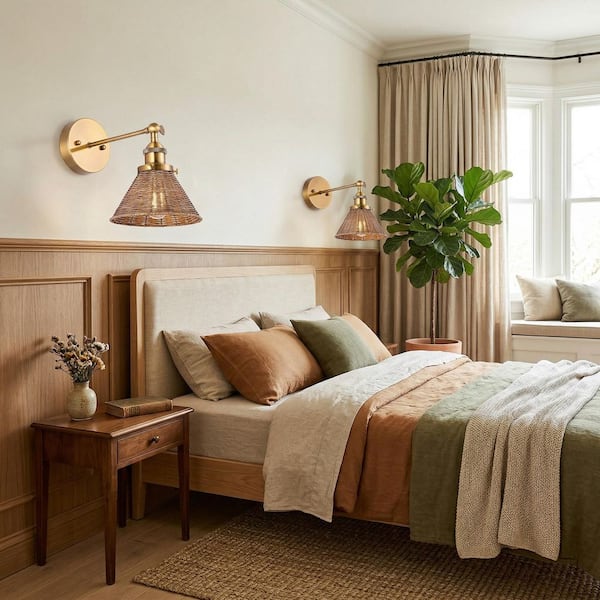6.88 in. 1-Light Boho Antique Gold Wall Sconce Light Bathroom Vanity Lighting with Rattan Shade