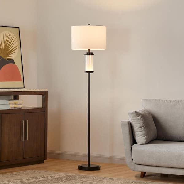 62.5 in. Painted Bronze Standard Floor Lamp for Living Room with Night Light and Fabric Shade
