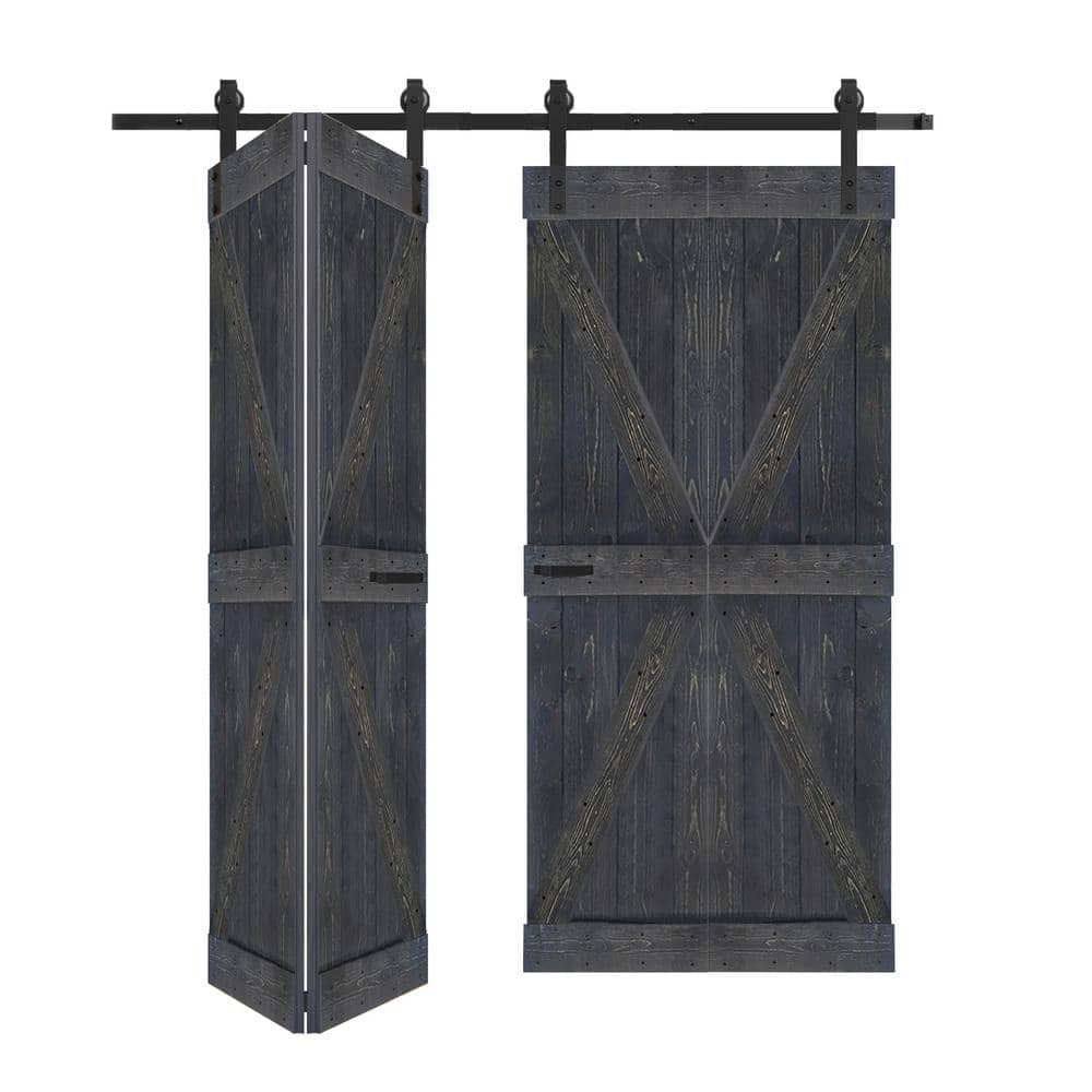 Carbon Gray Solid Spruce Wood Bi-Fold Barn Door with Hardware Kit