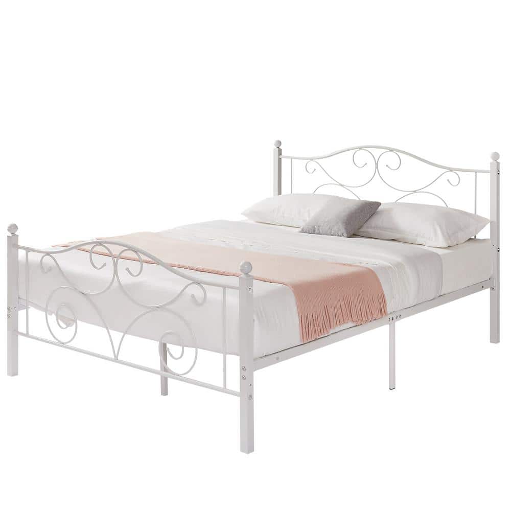 Elegant White Metal Full Size Platform Bed Frame with Headboard