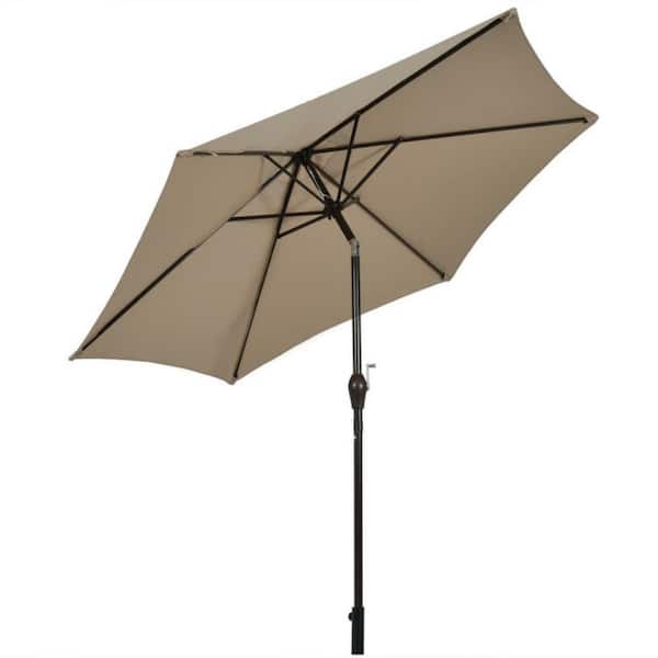 Clihome 9 ft. Outdoor Market Patio Table Umbrella in Tan Push Button Tilt Crank Lift without Weight Base
