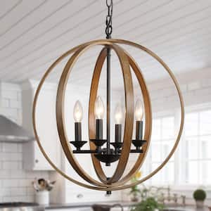 Farmhouse Black Chandelier Globe Cage Candlestick 4-Light Rustic Island Pendant Chandelier with Faux Wood Accent