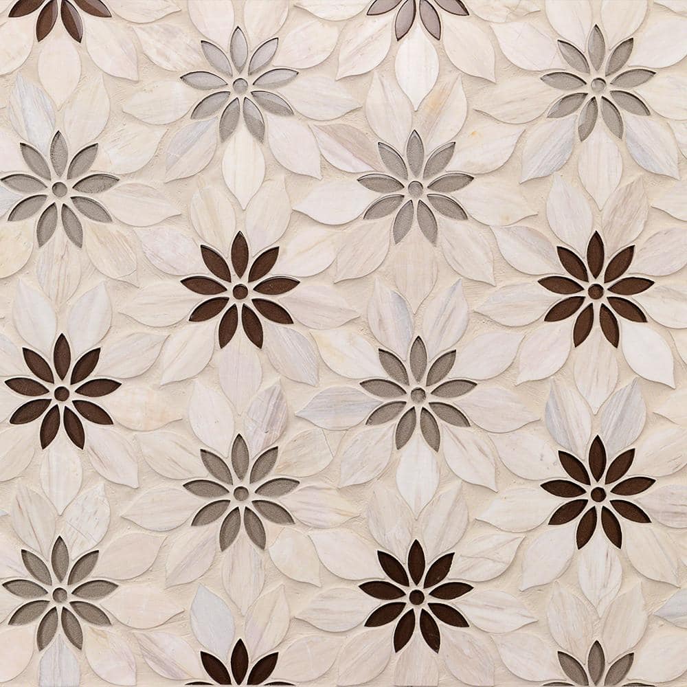 Thistle Ivory and Black Polished Marble Mosaic Tile Sheet