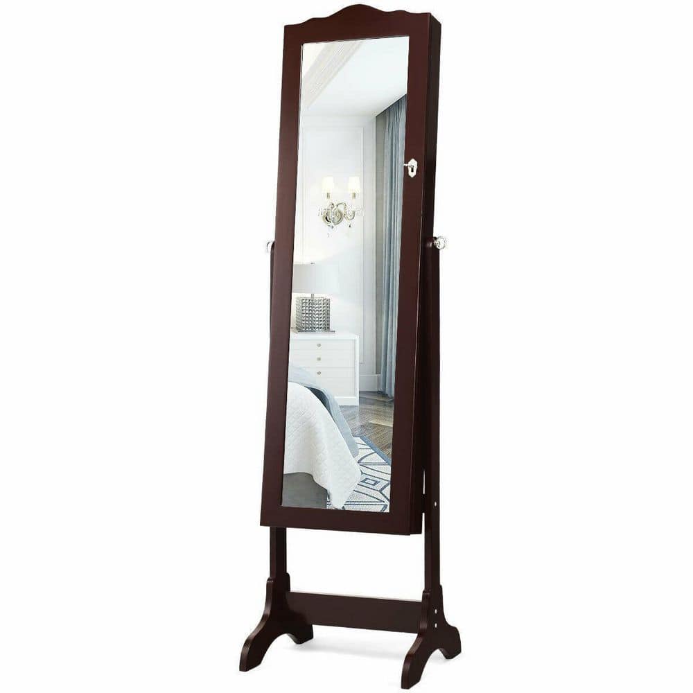 Coffee Wood 14-LED Jewelry Armoire Cabinet with Full Length Mirror and 4-Ti