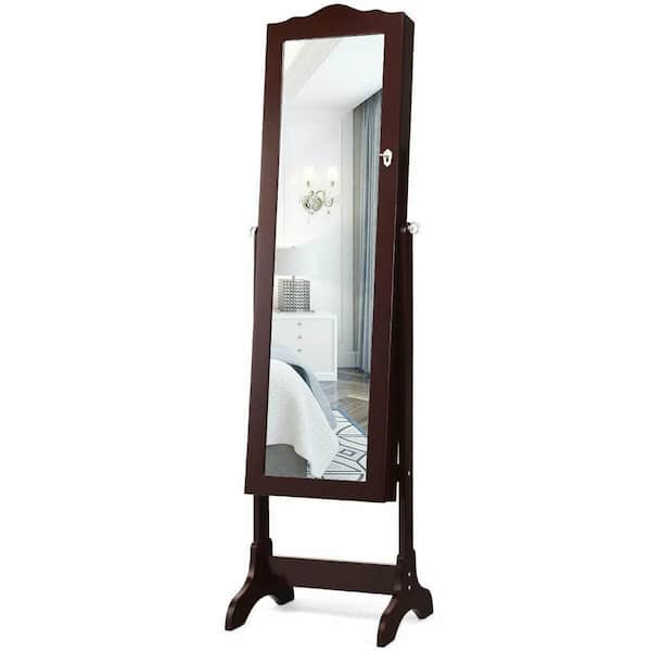 ANGELES HOME Coffee Wood 14-LED Jewelry Armoire Cabinet with Full Length Mirror and 4-Tilting Angles