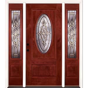 63.5 in.x81.625in.Silverdale Patina 3/4 Oval Lt Stained Cherry Mahogany Rt-Hd Fiberglass Prehung Front Door w/Sidelites