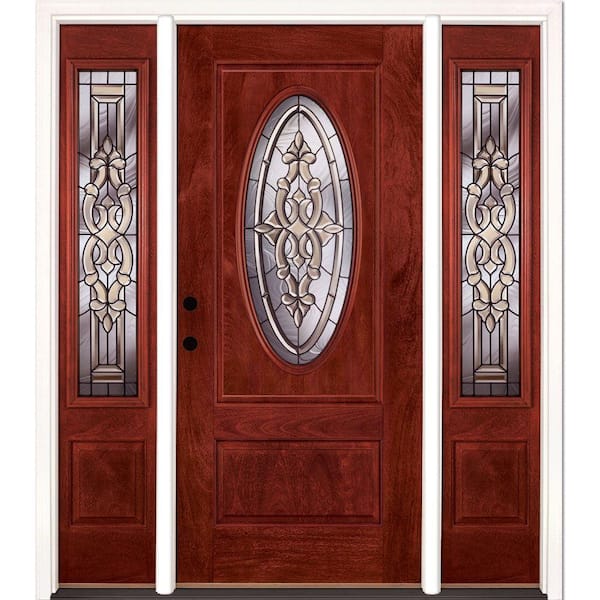 Feather River Doors 63.5 in.x81.625in.Silverdale Patina 3/4 Oval Lt Stained Cherry Mahogany Rt-Hd Fiberglass Prehung Front Door w/Sidelites
