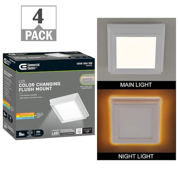 Commercial Electric Low Profile 5 in. White Square LED Flush Mount with Night Light Feature J-box Compatible Dimmable 500 Lumens (4-Pack)