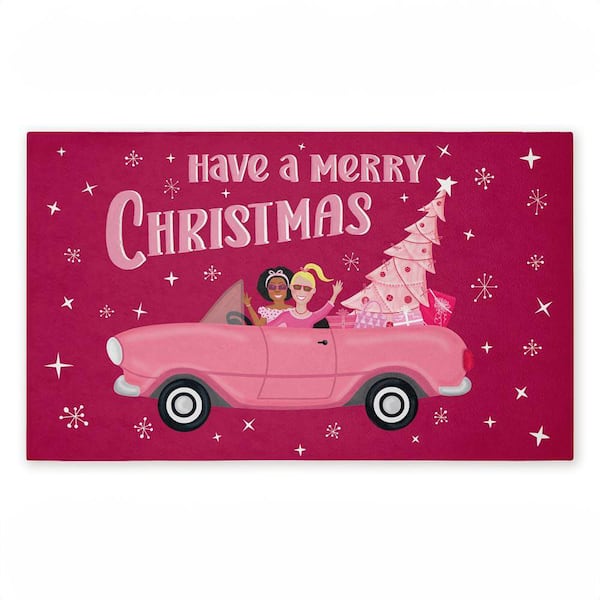 Midcentury Pink Christmas Pink 18 in. x 30 in. Polyester Non-Slip Outdoor Door Mat