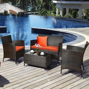 8-Piece Wicker Patio Conversation Set with Orange Cushions