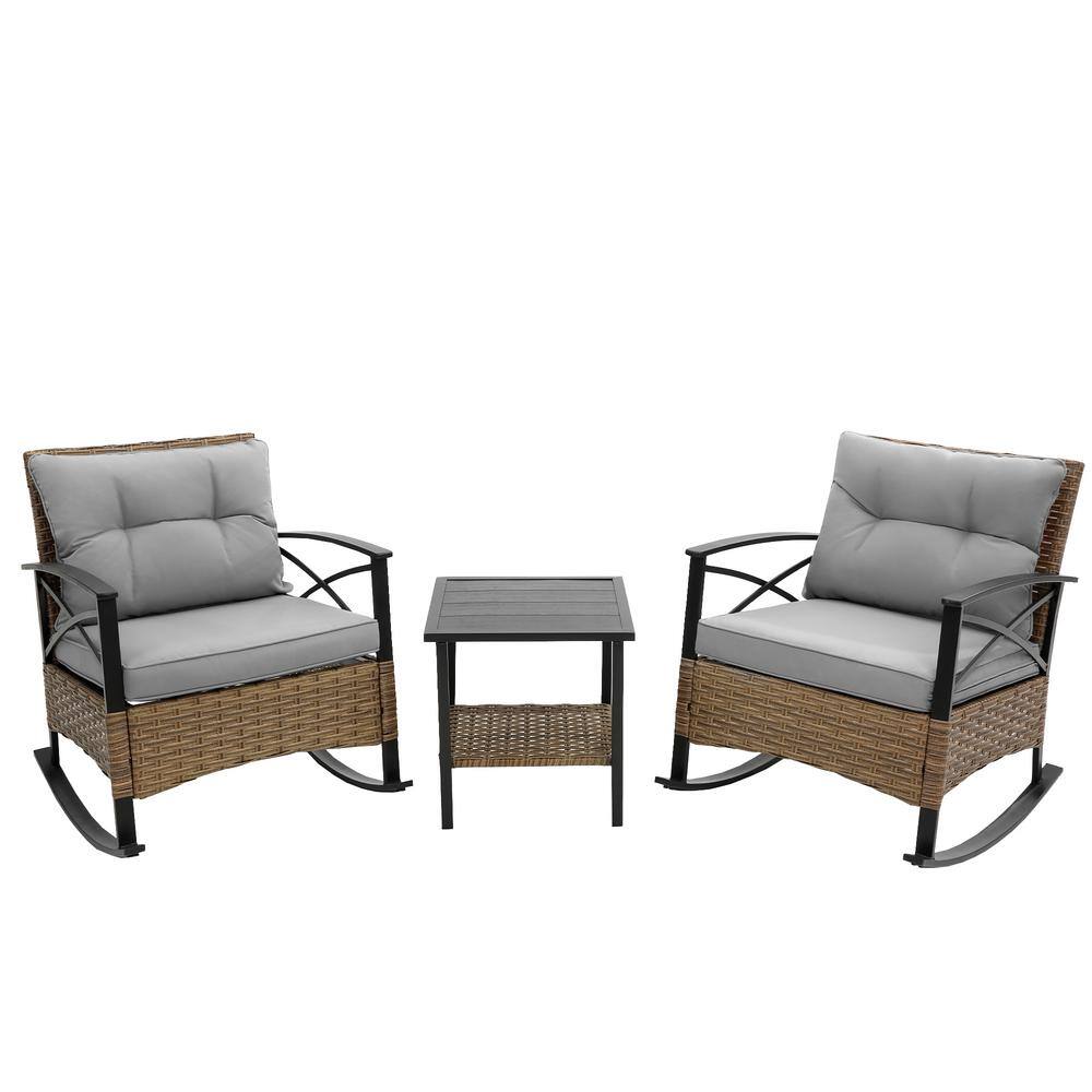 3-Piece Metal Frame Rattan Outdoor Rocking Chair Set with Gray Cushion for Living Room, Garden, 2 Chair and 1 Table price history on PriceWatchPro