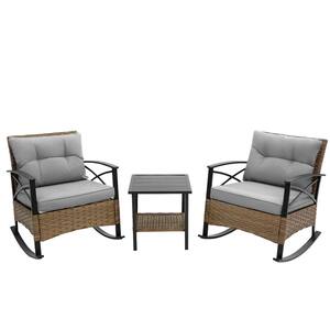 3-Piece Metal Frame Rattan Outdoor Rocking Chair Set with Gray Cushion for Living Room, Garden, 2 Chair and 1 Table