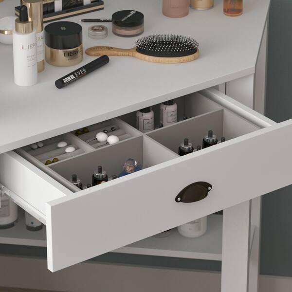 Fufu Gaga White Triangle Corner Table Console With Drawers And Storage Shelves Side Writing Kf260020 Fufu Gaga White Triangle Corner Table, Triangle Corner End Table With Storage Drawers