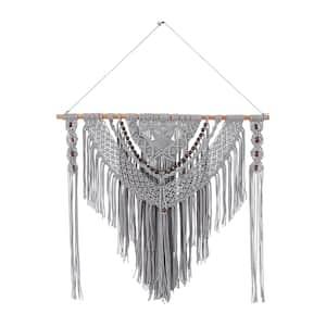 36 in. x  46 in. Cotton Gray Handmade Intricately Weaved Macrame Wall Decor with Beaded Fringe Tassels