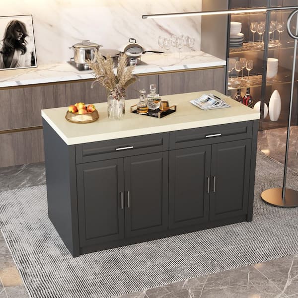 Black Finish Wood Top 61 in. Sideboard with 2 Drawers, 4 Doors and Built-in USB Charging Station, Storage Buffet