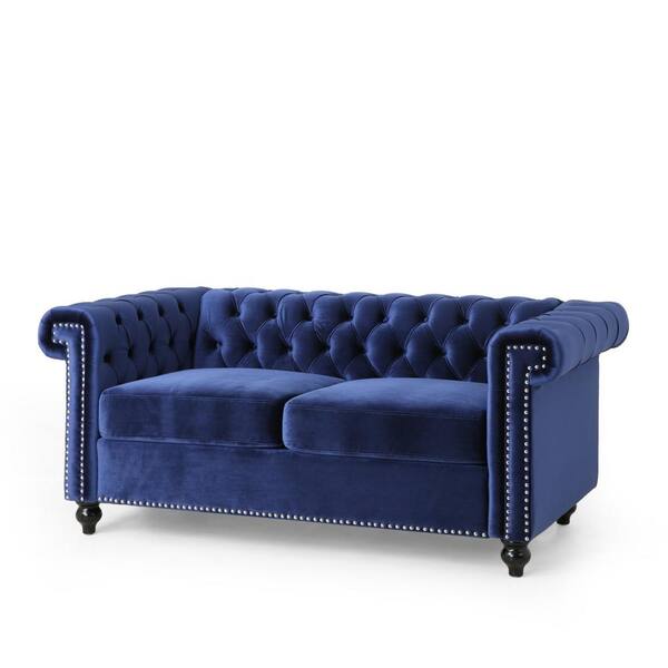 Noble House Brinkhaven 61 in. W Midnight Blue and Dark Brown Modern Glam Tufted Velvet 2-Seat Loveseat with Nailhead Trim