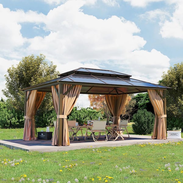 16 ft. x 12 ft. Polycarbonate Double Roof Patio Gazebo with Ceiling Hook, Mosquito Nets and Curtains