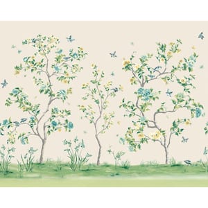 Green Chinoiserie Flowers Tree Wall Mural
