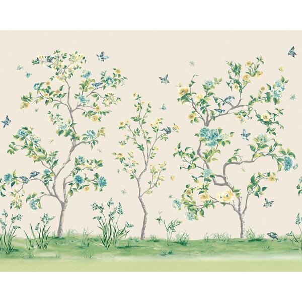 Origin Green Chinoiserie Flowers Tree Wall Mural