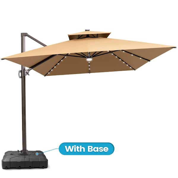 Crestlive Products 13 ft. x 10 ft. LED Rectangular Swivel Double Cantilever Patio Umbrella in Tan with 220 lb. HDPE Base