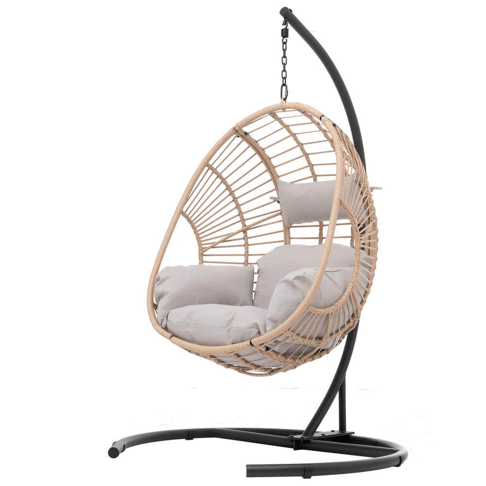 Outdoor Indoor Natural color PE Wicker Patio Swing Egg chair with Gray Cush