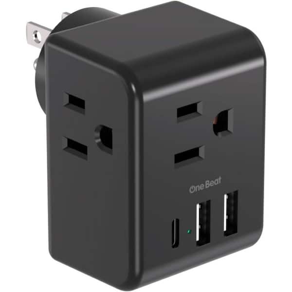 3-Outlet Wall Extender Splitter with 3 USB Wall Port in Black