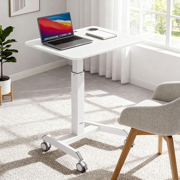 28.5 in. Rectangular White Steel Sit-Stand Mobile Laptop Desk Cart with Adjustable Height and Manual Controls