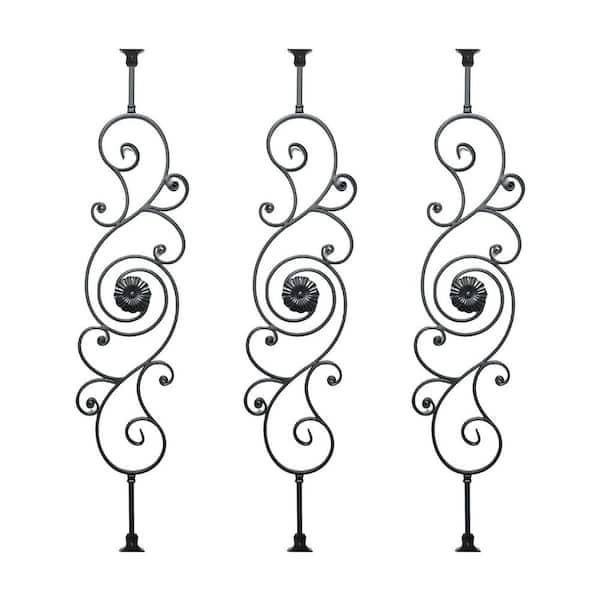 44 in. Intricate Flower Hollow Iron Balusters and Swivel Shoes for Staircase, (3-Pack)
