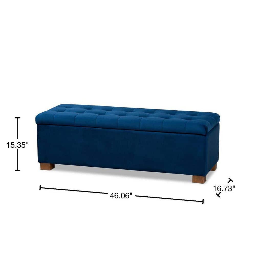 Navy Blue Velvet Tufted Storage Bench with Walnut Legs