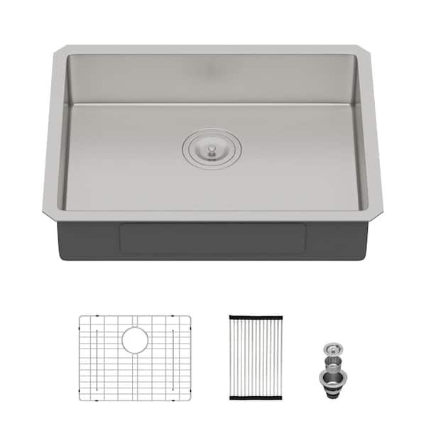 23 in. Undermount ADA Compliant Single Bowl 16 Gauge Brushed Nickel Stainless Steel Kitchen Sink with Bottom Grids