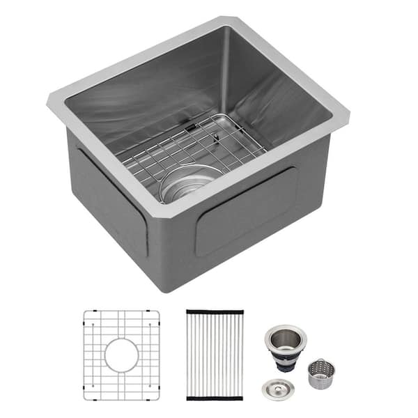 Logmey 13 in. Undermount Single Bowl 16-Gauge Stainless Steel Kitchen Bar Sink RV Sink with Bottom Grid  and Drain