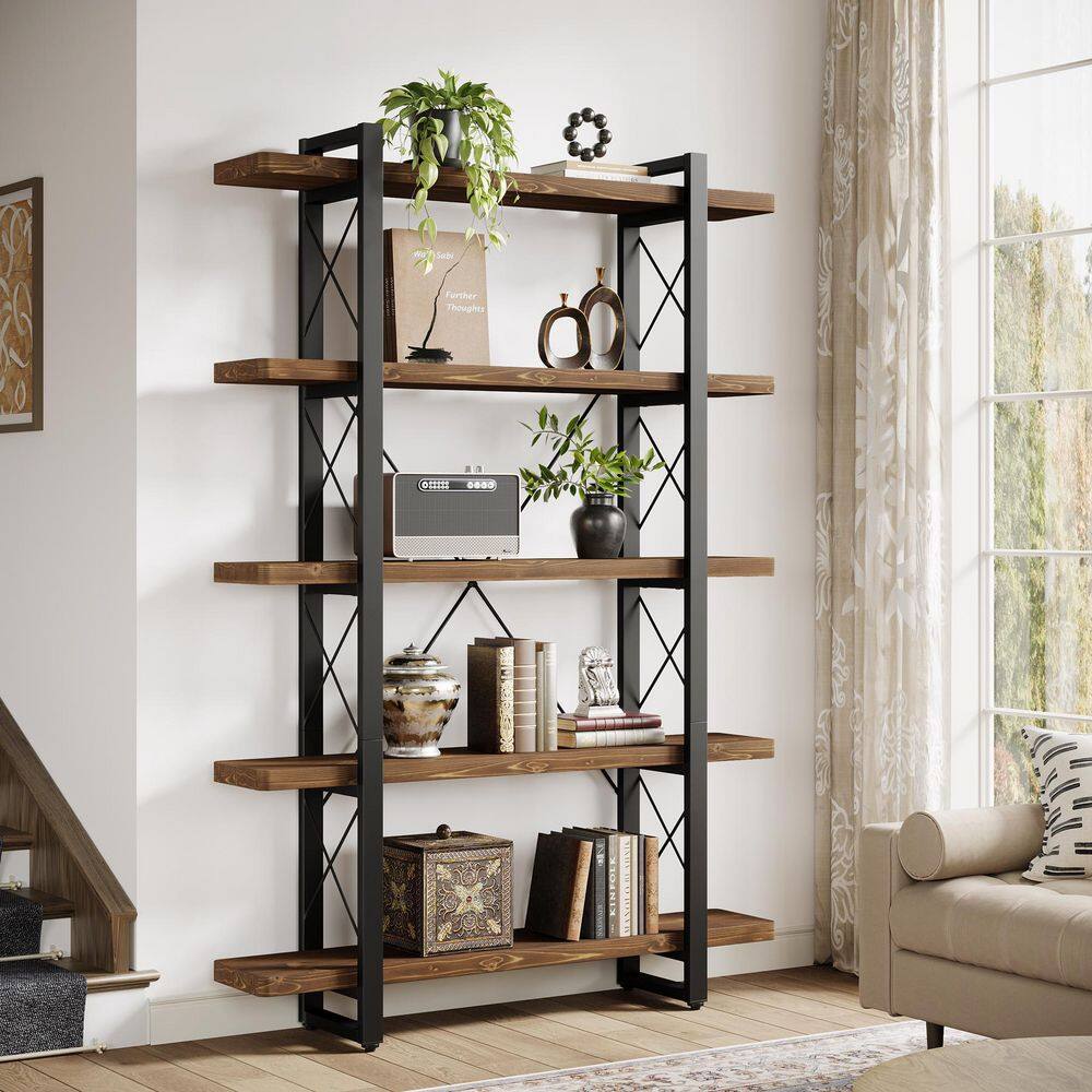 Eulas 71.6 in. Tall Brown and Black Solid Wood 5-Shelf Standard Bookcase with X-brace