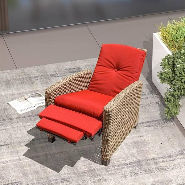 Frie Outdoor Recliner, All-Weather Resin Wicker Patio Chaise Lounge Recliner Chair Adjustable Back Ottoman Aluminum Frame Reclining 5 11 Cushion Beige