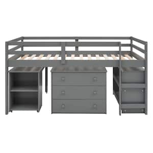 Gray Low Twin Loft Bed with Cabinet and Rolling Portable Desk