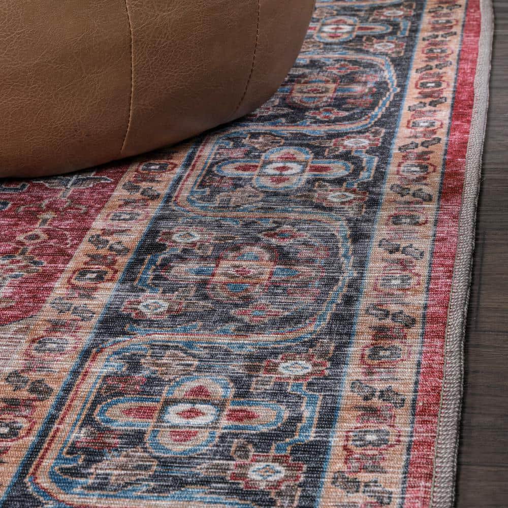 Red and Blue Medallion Washable Synthetic Area Rug 3' x 5'