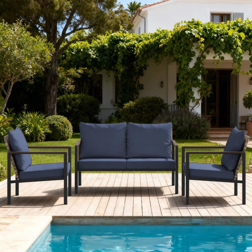 3-Piece Natural PE Rattan Wicker Outdoor Sectional Sofa Set with Blue Washable Cushions price history on PriceWatchPro