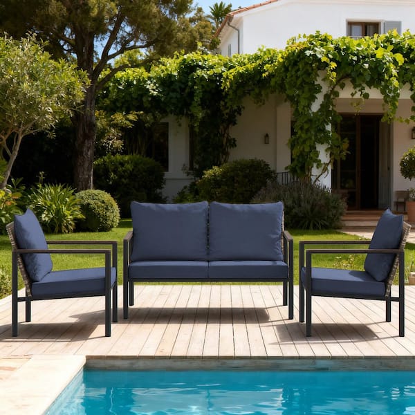 3-Piece Natural PE Rattan Wicker Outdoor Sectional Sofa Set with Blue Washable Cushions