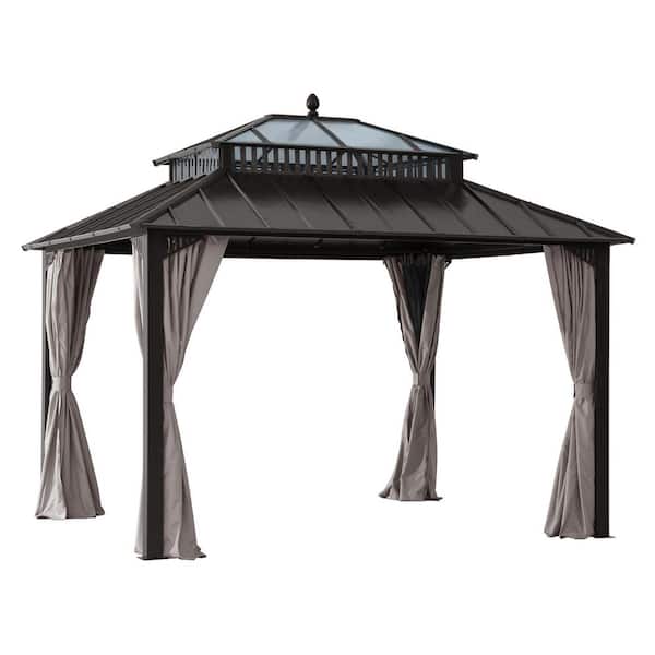 Kingston 12 ft. x 10 ft. Hardtop Gazebo with Steel and PC Roof, Brown Aluminum Frame, Curtains, and Netting