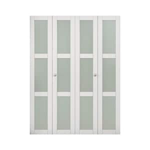 60 in. x 80 in. 3-Lite Tempered Frosted Glass and Solid Core White Finished Close Bi-Fold Door with Hardware